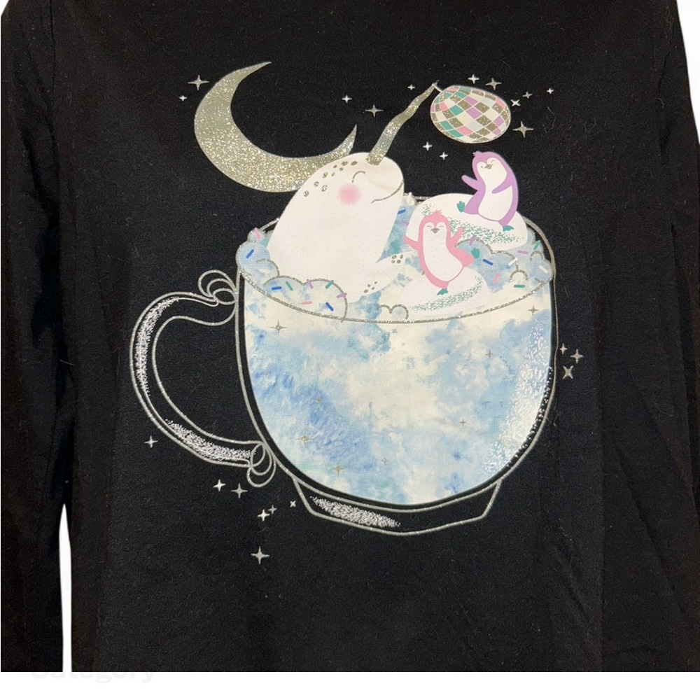 Cat & Jack Black Long Sleeve Shirt with Narwhal and Cup Design - Picture 3 of 4